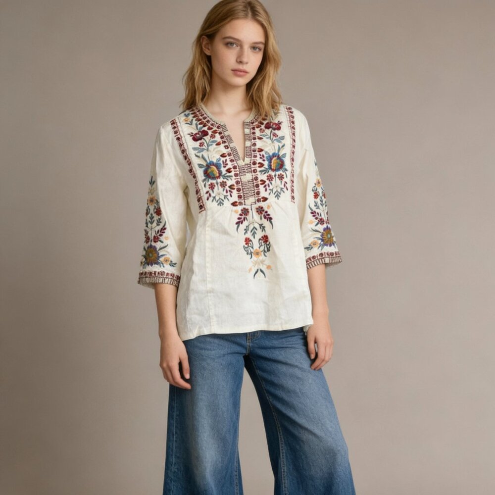 NWOT Johnny Was Linen Floral Embroidered 3/4 Sleeves Ivory Blouse Size S
